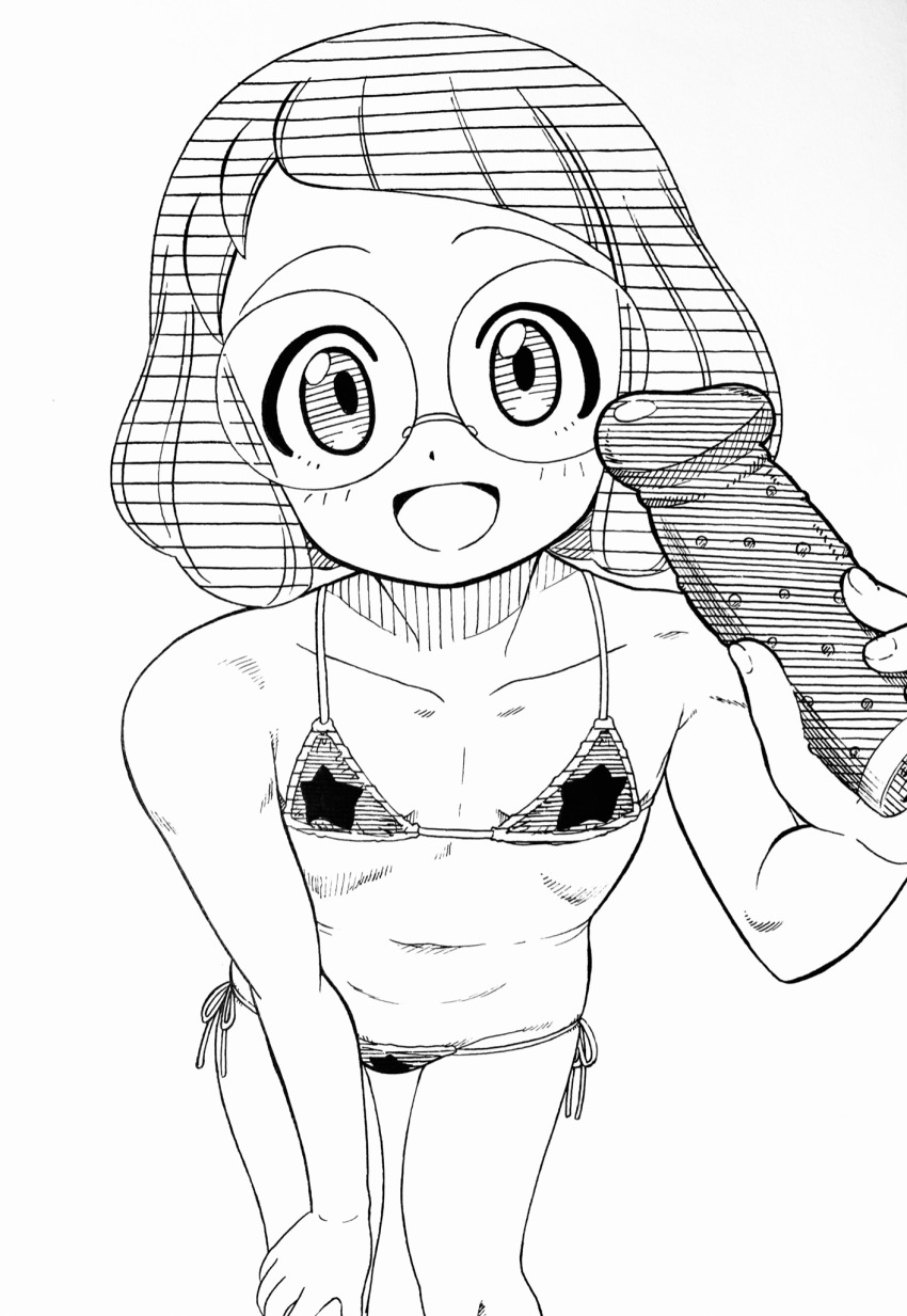 1girl bikini dildo flat_chest glasses hand_on_own_knee happy highres hokuto_(tokuho) leaning_forward looking_at_viewer misora_inaho monochrome navel sex_toy short_hair string_bikini swimsuit toned youkai_watch youkai_watch_3