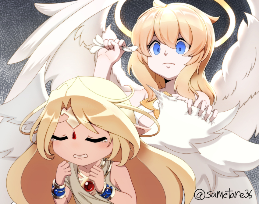 2girls angel angel_wings armlet blonde_hair blue_eyes blue_gemstone bracelet chest_jewel circlet clenched_hands closed_eyes closed_mouth commentary_request dress empty_eyes expressionless feathered_wings feathers forehead_jewel gem grabbing_another&#039;s_wing halo holding holding_feather ilias jewelry long_hair lucifina_(mon-musu_quest!) mon-musu_quest! mon-musu_quest:_paradox multiple_girls plucked_feathers plucking pointy_ears red_gemstone sametare36 tears twitter_username white_dress wings