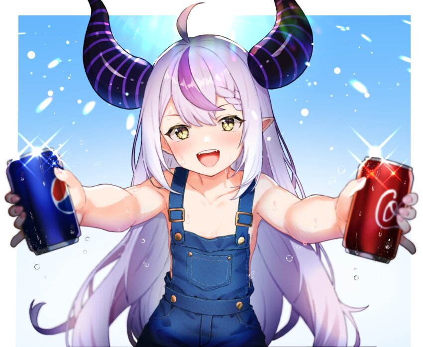 1girl ahoge bare_shoulders blue_background blush border braid can coca-cola collarbone demon_horns dongchuan drink_can eyelashes fangs flat_chest foreshortening gradient_background hair_between_eyes highres holding hololive horns la+_darknesss light_purple_hair long_hair multicolored_hair nail_polish no_bra open_mouth overalls pepsi petite pink_nails purple_hair sidelocks soda_can solo streaked_hair sweatdrop teeth upper_body upper_teeth_only very_long_hair virtual_youtuber white_border yellow_eyes