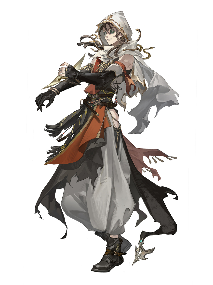 1boy alternate_costume ankle_boots arm_strap asymmetrical_gloves belt belt_buckle black_boots black_gloves black_robe black_sash black_shirt boots bracelet brown_belt brown_hair buckle button_eyes buttons cloak cross-laced_clothes elbow_gloves eyebrow_cut feathers fingerless_gloves fringe_trim full_body gloves gold_trim green_eyes grey_pants hair_between_eyes highres hip_vent hood hood_up hooded_cloak identity_v jewelry long_hair majimaji_studio male_focus multiple_belts naib_subedar pants parted_lips puffy_pants red_sash ring robe sash shirt simple_background sleeveless sleeveless_shirt snake solo standing stitched_mouth stitches toned toned_male torn_cloak torn_clothes white_background white_cloak