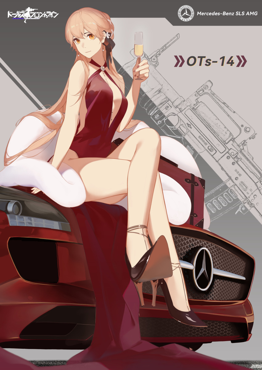 1girl absurdres artist_request assault_rifle black_shoes blonde_hair breasts bullpup car champagne_flute chinese_commentary closed_mouth commentary_request copyright_logo copyright_name crossed_legs cup dress drink drinking_glass full_body girls&#039;_frontline grenade_launcher gun high_heels highres holding holding_cup long_hair mercedes-benz mercedes-benz_sls_amg motor_vehicle official_alternate_costume orange_eyes ots-14_(girls&#039;_frontline) ots-14_(ruler_of_the_banquet)_(girls&#039;_frontline) ots-14_groza red_dress rifle shawl shoes sitting solo suitcase underbarrel_grenade_launcher weapon white_shawl