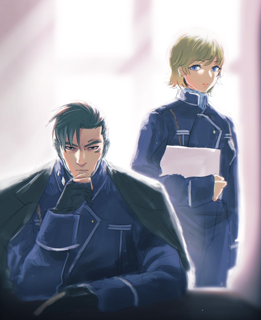 1boy 1girl animification apex_legends bailian black_eyes black_gloves black_hair black_jacket blonde_hair blue_eyes blue_jacket cosplay crypto_(apex_legends) folder fullmetal_alchemist gloves hair_behind_ear highres holding holding_folder jacket jacket_on_shoulders military military_uniform partially_fingerless_gloves riza_hawkeye riza_hawkeye_(cosplay) roy_mustang roy_mustang_(cosplay) v-shaped_eyebrows wattson_(apex_legends)