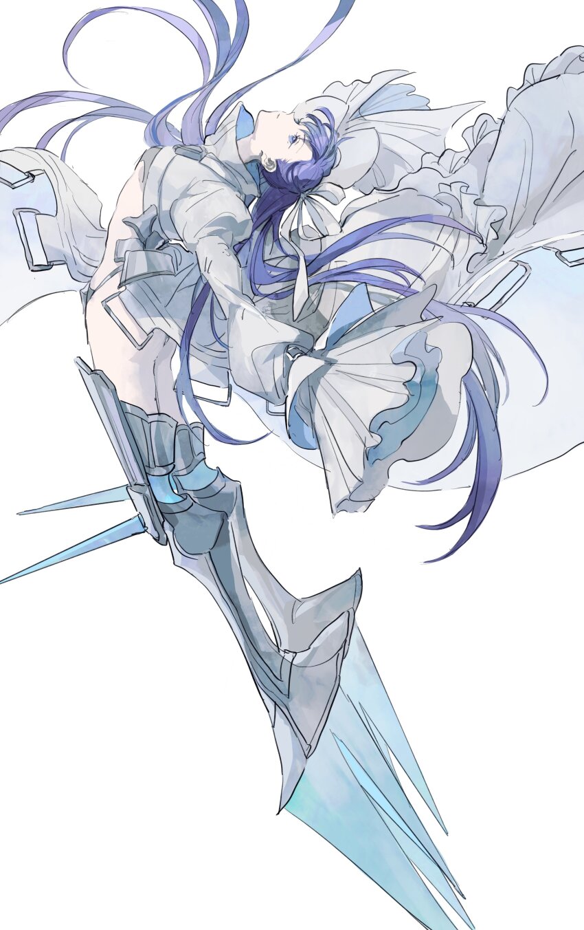 absurdres armored_boots blue_eyes boots coat fate/grand_order fate_(series) hair_ribbon highres juliet_sleeves knee_spikes leg_blade long_sleeves looking_up meltryllis_(third_ascension)_(fate) mimulishizi prosthesis prosthetic_leg puffy_sleeves purple_hair revealing_clothes ribbon simple_background sleeves_past_fingers sleeves_past_wrists spikes white_background white_coat white_ribbon