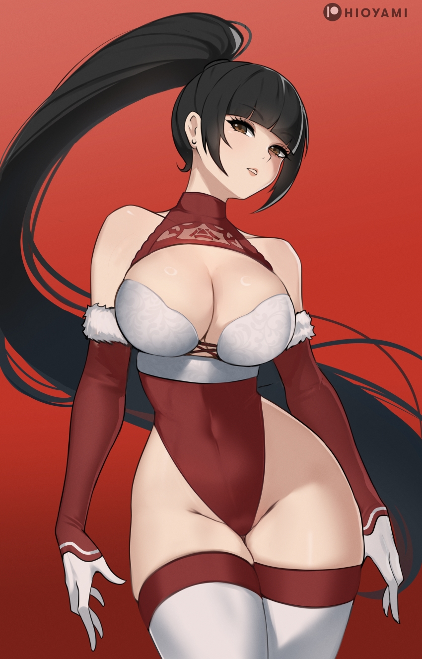 1girl absurdres bare_shoulders black_hair blunt_bangs bra breasts brown_eyes cleavage cleavage_cutout clothing_cutout covered_navel eve_(stellar_blade) fur-trimmed_gloves fur_trim gloves high_ponytail highleg highleg_leotard highres hioyami large_breasts leotard long_hair looking_at_viewer parted_lips ponytail red_gloves red_leotard solo stellar_blade thighhighs two-tone_gloves underwear very_long_hair white_bra white_gloves white_thighhighs