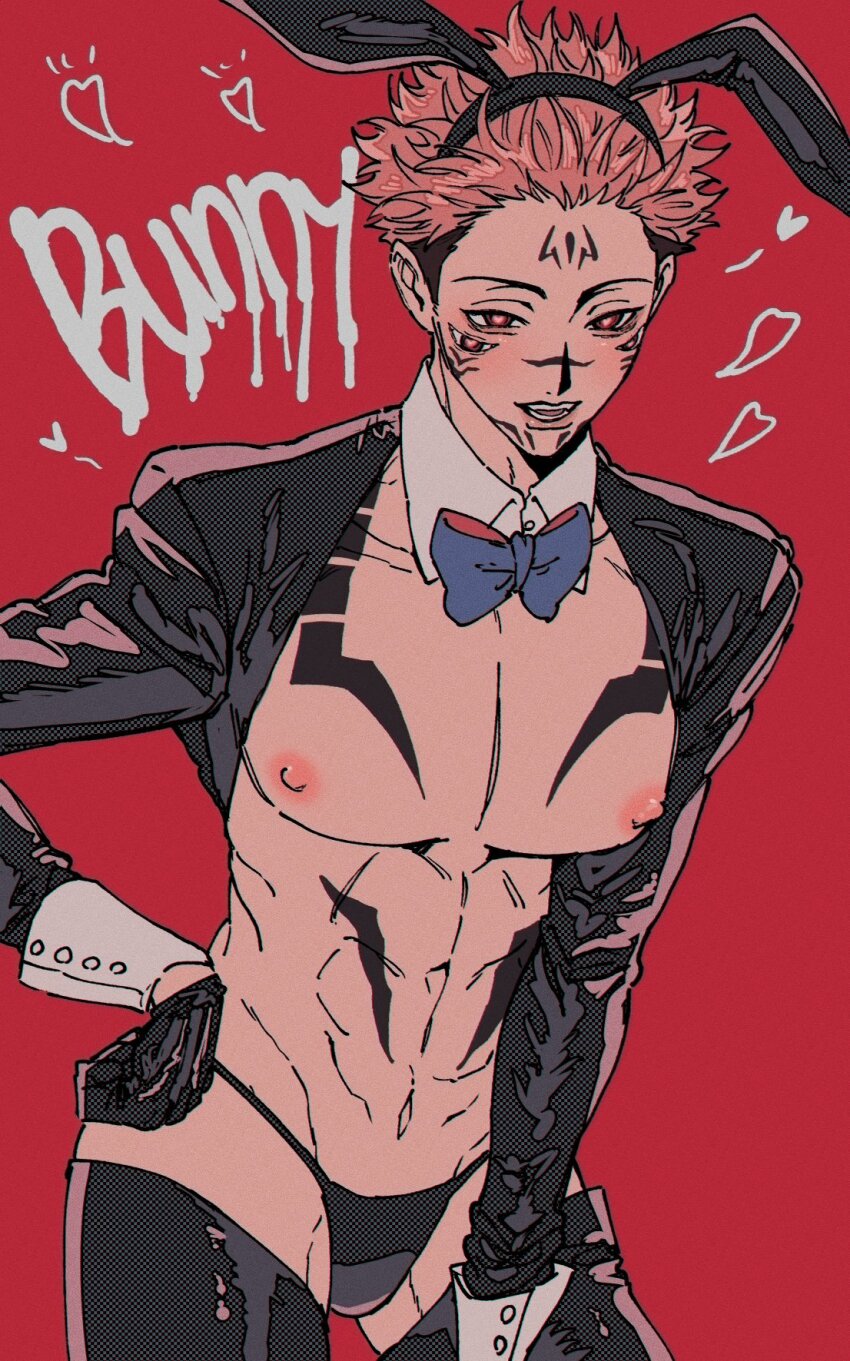 1boy alternate_costume animal_ear_headband animal_ears black_panties black_thighhighs blue_bow blue_bowtie bow bowtie cowboy_shot detached_collar english_text extra_eyes facial_mark facial_tattoo fake_animal_ears hand_on_own_hip heart highres itadori_yuuji jujutsu_kaisen large_pectorals male_focus male_playboy_bunny meme_attire nipples nontraditional_playboy_bunny panties pectorals pink_hair possessed rabbit_ears red_background red_eyes reverse_bunnysuit reverse_outfit rose_00291 ryoumen_sukuna_(jujutsu_kaisen) shoulder_tattoo solo spiked_hair stomach_tattoo tattoo teeth thighhighs toned toned_male undercut underwear wrist_cuffs