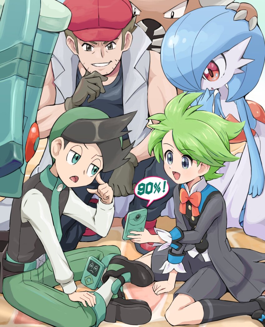 3boys :d alternate_color belt black_footwear black_hair bronzong capri_pants commentary_request gardevoir gen_1_pokemon gen_3_pokemon gen_4_pokemon gloves green_eyes green_hair green_necktie green_pants grey_eyes hat highres holding male_focus multicolored_hair multiple_boys necktie nintendo noland_(pokemon) open_mouth pants pinsir pokemoa pokemon pokemon_(creature) pokemon_dppt pokemon_emerald pokemon_masters_ex pokemon_platinum pokemon_rse shiny_pokemon shirt shoes shorts sitting smile socks thorton_(pokemon) tongue two-tone_hair wally_(pokemon) wally_(sygna_suit)_(pokemon)