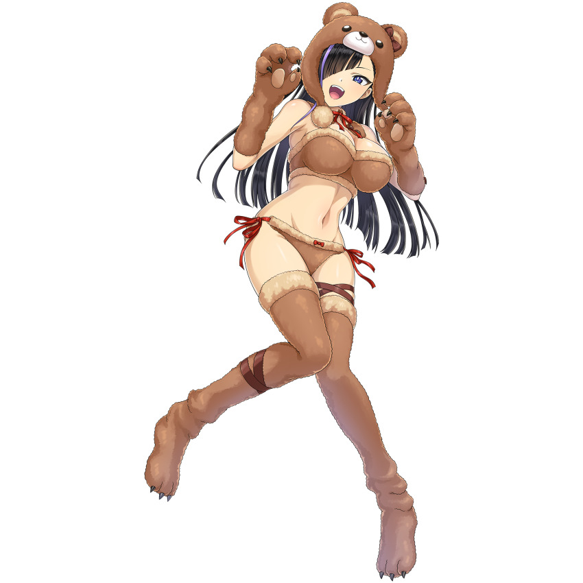 1girl animal_ears animal_hands bear_hat bear_paws bikini black_hair blue_eyes boots breasts brown_bikini cleavage dolphin_wave fur_bikini game_cg gao hair_over_one_eye highres kurose_minami large_breasts long_hair looking_at_viewer multicolored_hair navel non-web_source official_alternate_costume official_art ootomo_takuji open_mouth paw_shoes purple_streaks side-tie_bikini_bottom smile solo streaked_hair stuffed_animal stuffed_toy swimsuit teddy_bear thigh_boots thigh_strap transparent_background