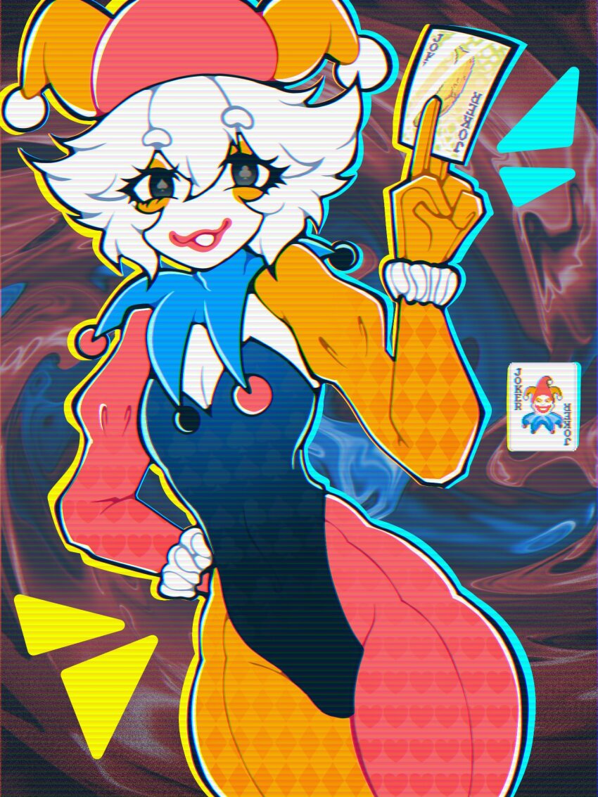 1boy abstract_background balatro black_eyes black_leotard blue_collar bodysuit breasts bulge card cleavage clown clown_boy club-shaped_pupils collar colored_skin commentary covered_navel english_commentary feet_out_of_frame hair_between_eyes hat highres hosses jester jester_boy jester_cap jimbo_(balatro) leotard looking_at_viewer male_focus mismatched_pupils orange_bodysuit pectoral_cleavage pectorals personification pink_bodysuit playing_card scanlines short_hair solo spade-shaped_pupils trap two-tone_bodysuit white_hair white_skin