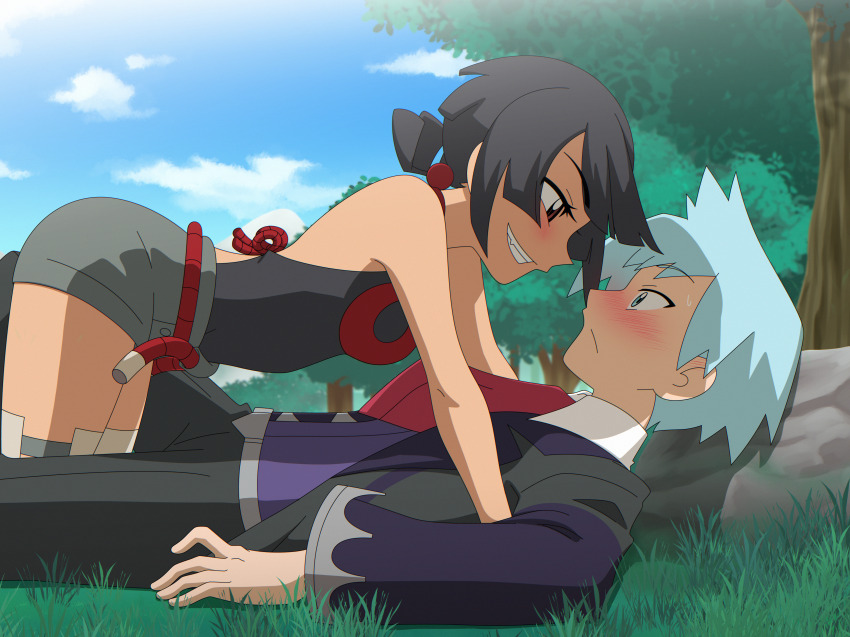 absurdres black_hair blue_eyes blue_hair blush breasts forest highres jacket nature nintendo pinned pok3d pokemon pokemon_oras red_eyes seductive_gaze shorts steven_stone suit_jacket tank_top zinnia_(pokemon)