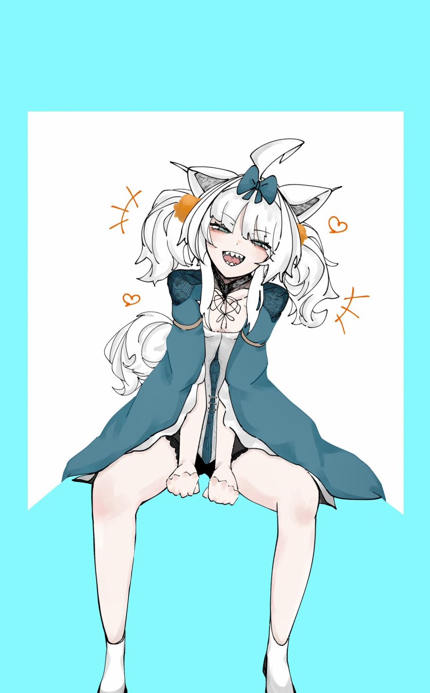 1girl ahoge animal_ears chinese_clothes grey_eyes grey_hair hair_intakes hair_ornament highres looking_at_viewer no._21:_feral_scent_(revival_remedy)_(pgr) no._21_(pgr) open_mouth orange_pom_poms pom_pom_(clothes) pom_pom_hair_ornament punishing:_gray_raven sangosyan2 sharp_teeth sidelocks sitting solo tail teeth twintails wolf_ears wolf_tail