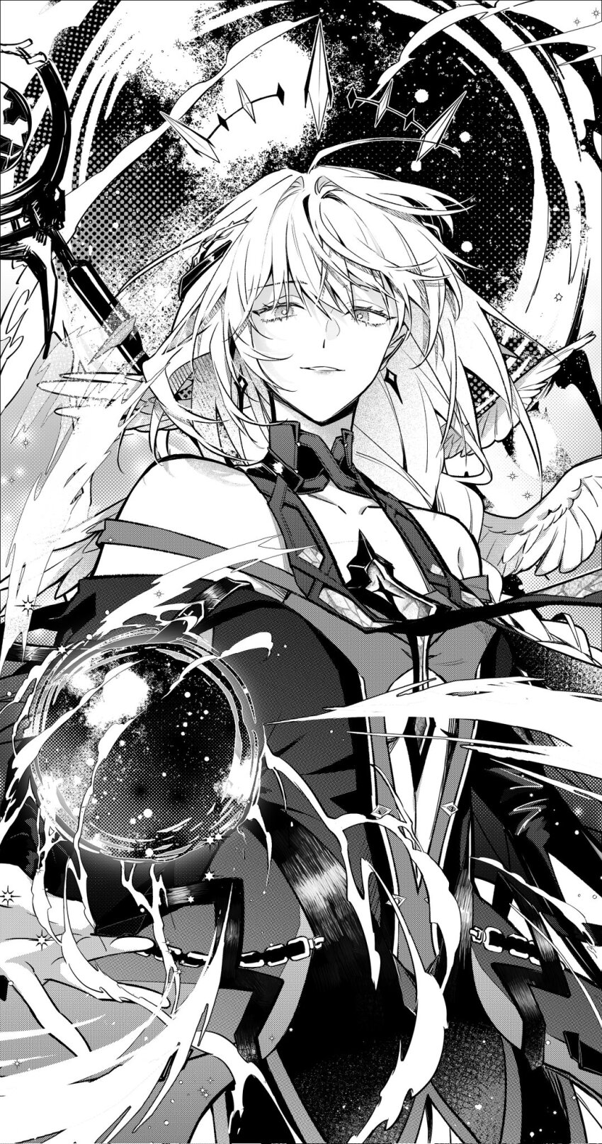 1girl bare_shoulders collarbone dress earrings greyscale head_wings highres ishmael:_parhelion_(pgr) jewelry long_hair monochrome orb parted_lips punishing:_gray_raven s1o8ocdiihvhxnq smile solo staff wings