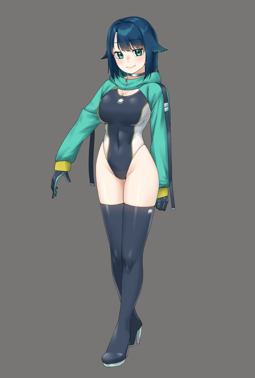 1girl awono_nanaumi black_gloves black_one-piece_swimsuit black_thighhighs blue_hair breasts cleavage closed_mouth commentary_request competition_swimsuit fukami_nana_(awono_nanaumi) full_body gloves green_jacket grey_background hair_flaps hand_up highres jacket large_breasts long_sleeves looking_at_viewer one-piece_swimsuit original short_hair simple_background smile solo swimsuit thighhighs