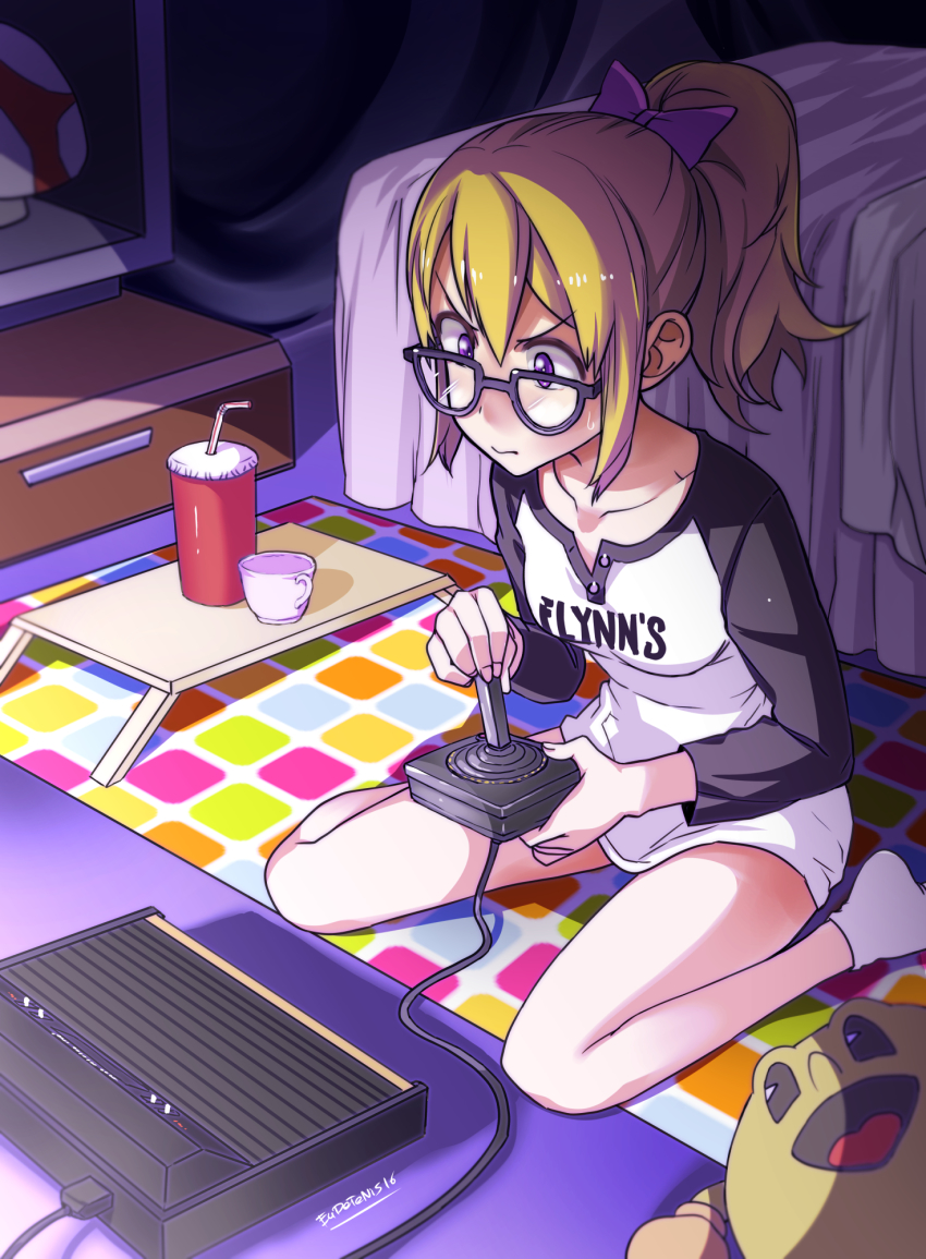 1girl 2016 atari atari_2600 bed blonde_hair cable clothes_writing commission concentrating controller dark dated doll eudetenis female_focus game_console game_controller glasses highres indoors mario_(series) mushroom nintendo original otaku otaku_room pac-man pac-man_(game) playing_games ponytail signature sitting solo television tron wariza