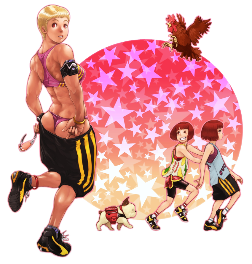 3girls armband ass back bike_shorts bird blonde_hair bracelet brown_hair chicken clothes_pull dog unworn_eyewear grin highres jewelry multiple_girls muscular muscular_female one_eye_closed original panties pulling_own_clothes red_eyes rooster shoes short_hair shorts shorts_pull smile sneakers sports_bra sunglasses thong underwear vigwer whale_tail_(clothing) wink