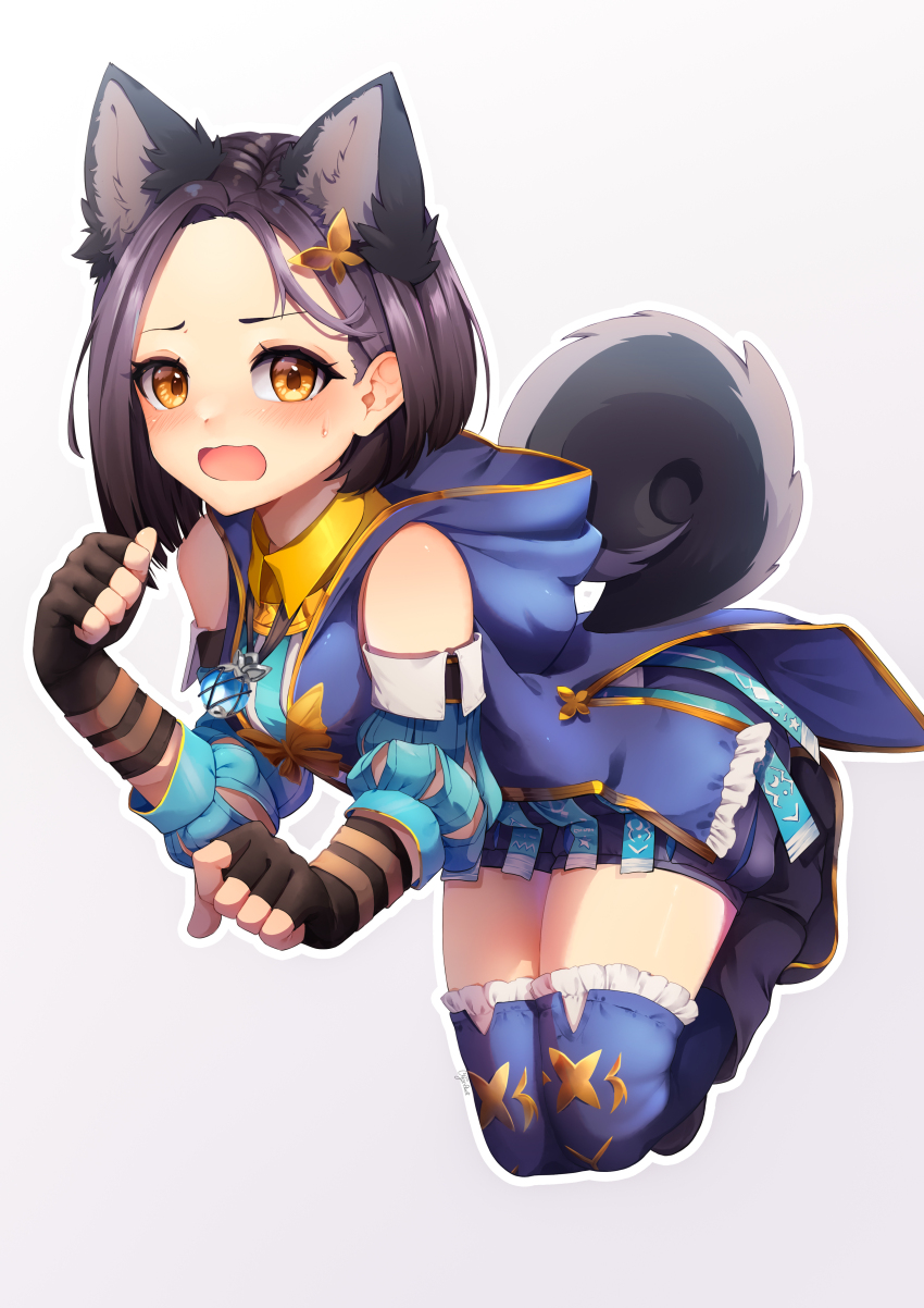 1girl absurdres animal_ear_fluff animal_ears aqua_sleeves bare_shoulders blue_shirt blue_thighhighs blush boots brown_gloves butterfly_hair_ornament clothing_cutout collared_shirt commentary cyan_paint detached_sleeves dog_ears dog_girl dog_tail english_commentary extra_ears fingerless_gloves frilled_thighhighs frills gloves gradient_background grey_background hair_ornament highres hood hood_down hooded_shirt jewelry kemonomimi_mode looking_at_viewer necklace open_mouth outline paw_pose purple_shorts rinwell_(tales) shirt short_hair short_shorts shorts simple_background solo sweatdrop tail tail_through_clothes tales_of_(series) tales_of_arise thighhighs thighs white_background white_outline yellow_eyes