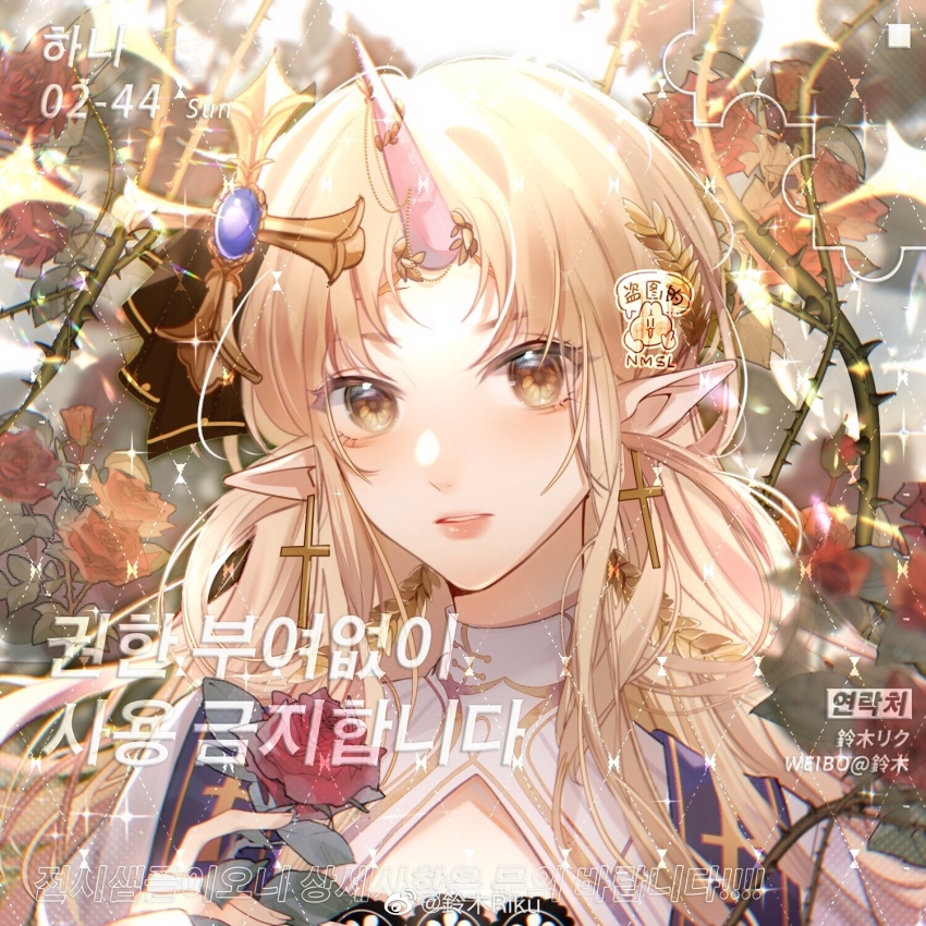 1girl black_dress black_ribbon blonde_hair blue_gemstone capelet chinese_commentary commentary_request commission cross cross_earrings cross_hair_ornament cross_print day dress earrings expressionless eyelashes fingernails flower gem gold_earrings hair_ornament hair_ribbon highres holding holding_flower horns jewelry lace lace-trimmed_dress lace_trim laurel_crown leaf light_blush light_particles lingmu_riku lipstick long_hair looking_at_viewer makeup original outdoors parted_bangs parted_lips pink_horns pink_lips pointy_ears red_flower red_rose ribbon rose sample_watermark single_horn solo stole sunlight teeth thorns too_many_watermarks turtleneck_capelet upper_body very_long_hair watermark watermark_grid weibo_watermark white_capelet yellow_eyes