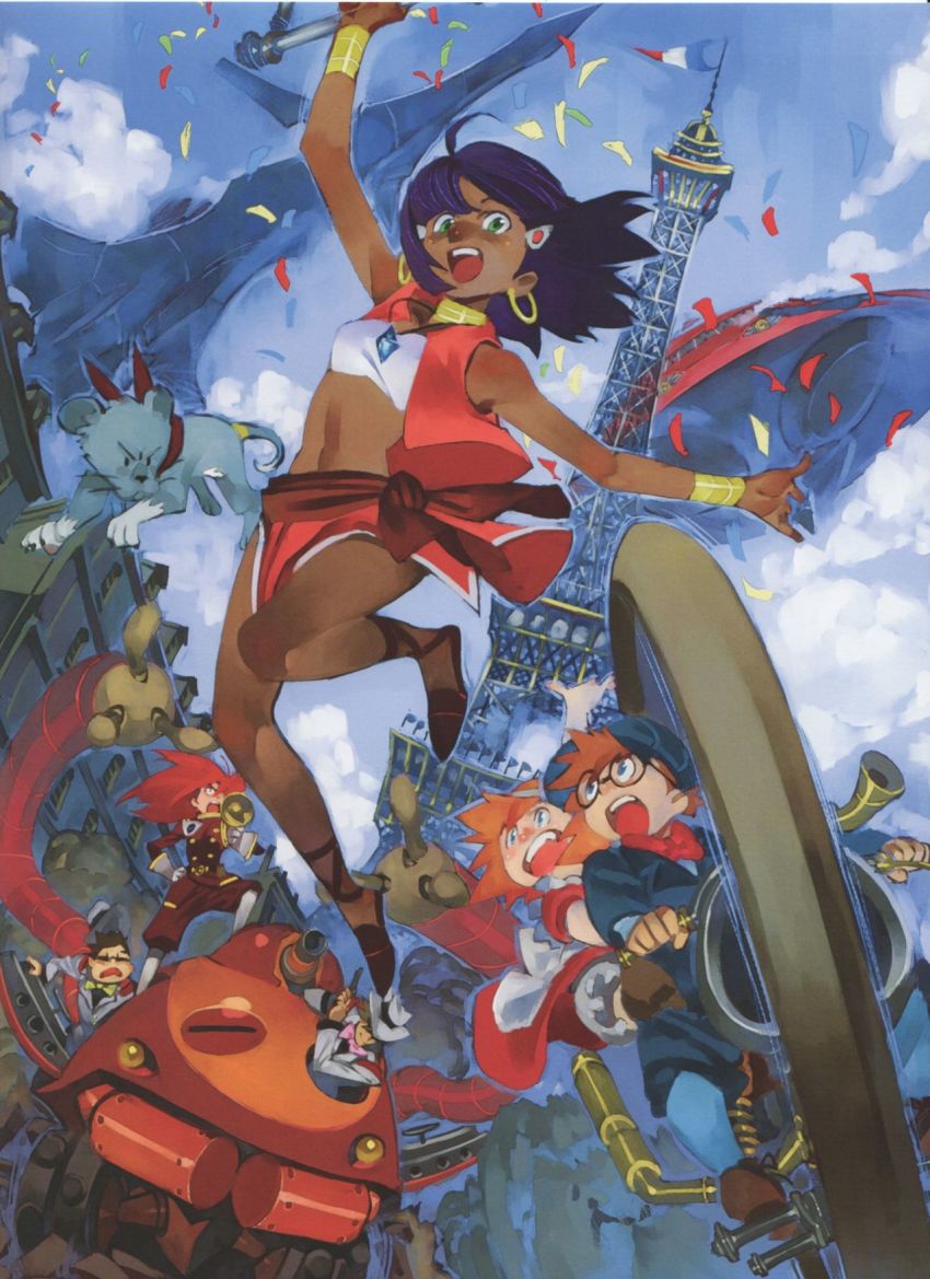 3boys 3girls blue_eyes city dark_skin fushigi_no_umi_no_nadia gainax grandis_granva green_eyes hanson hat highres jean_roque_lartigue king_(nadia) lion marie_en_carlsberg mecha military military_vehicle motor_vehicle multiple_boys multiple_girls nadia_la_arwall nhk_(broadcaster) official_art orange_hair purple_hair red_hair robot sanson_(nadia) scan short_hair submarine tank tower traditional_media watercraft yoshinari_you