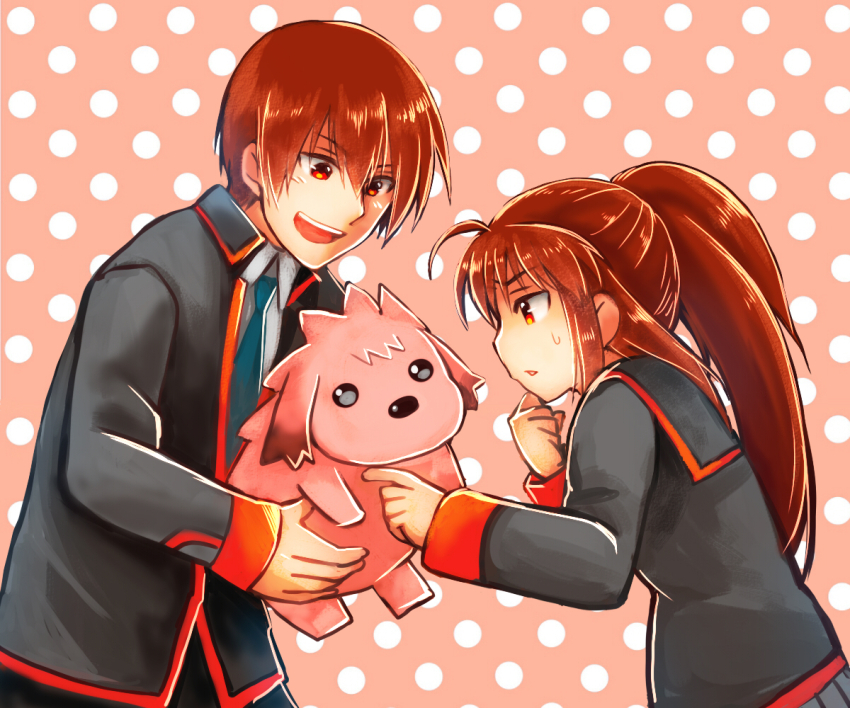 1boy 1girl 2017 :d ahoge animal black_jacket brother_and_sister brown_hair chibi-moth commentary_request company_connection crossover dated_commentary frown happy holding holding_animal jacket key_(company) leaning_forward light_blush little_busters! little_busters!_school_uniform long_hair long_sleeves looking_at_animal natsume_kyousuke natsume_rin open_mouth pink_background polka_dot polka_dot_background ponytail profile rakka rewrite school_uniform short_hair siblings sidelocks simple_background smile sweatdrop tsurime upper_body