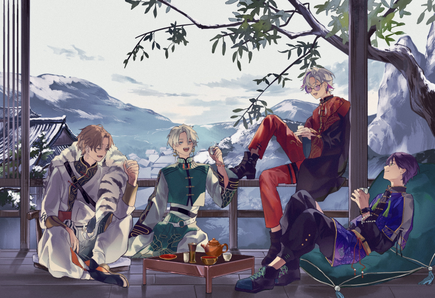 4boys absurdres boots brown_eyes brown_hair chinese_clothes closed_mouth cup earrings fuwa_minato glasses green_eyes grey_hair highres holding holding_cup jewelry kagami_hayato kaida_haru kenmochi_touya long_sleeves male_focus mountain multicolored_hair multiple_boys nijisanji open_mouth purple_hair rof-mao shoes sitting sumi_(n29250) table teeth tree upper_teeth_only virtual_youtuber