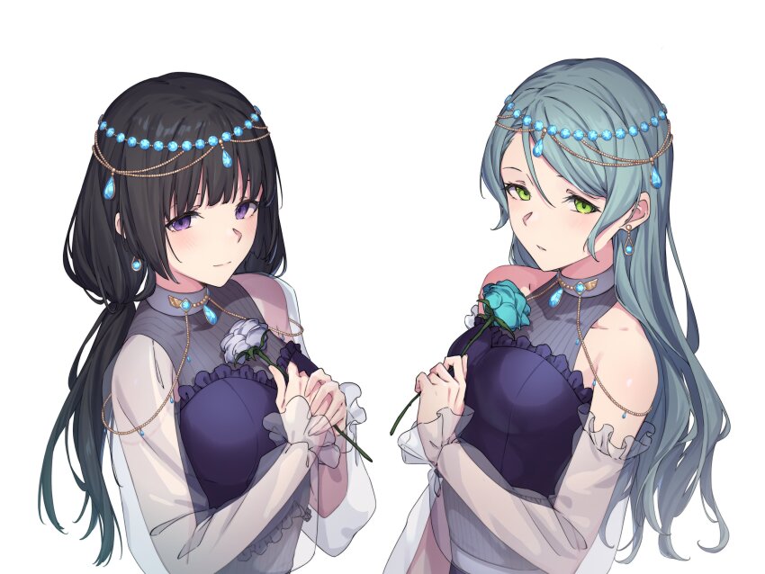 2girls absurdres aqua_hair bang_dream! black_hair blue_flower blue_gemstone blue_rose blush closed_mouth commentary_request detached_sleeves earrings flower flower_stand_art gem green_eyes highres hikawa_sayo holding holding_flower jewelry kanade_(kanade_3344) long_hair long_sleeves low_twintails multiple_girls parted_lips purple_eyes purple_flower purple_rose rose see-through_clothes see-through_sleeves shirokane_rinko simple_background twintails white_background