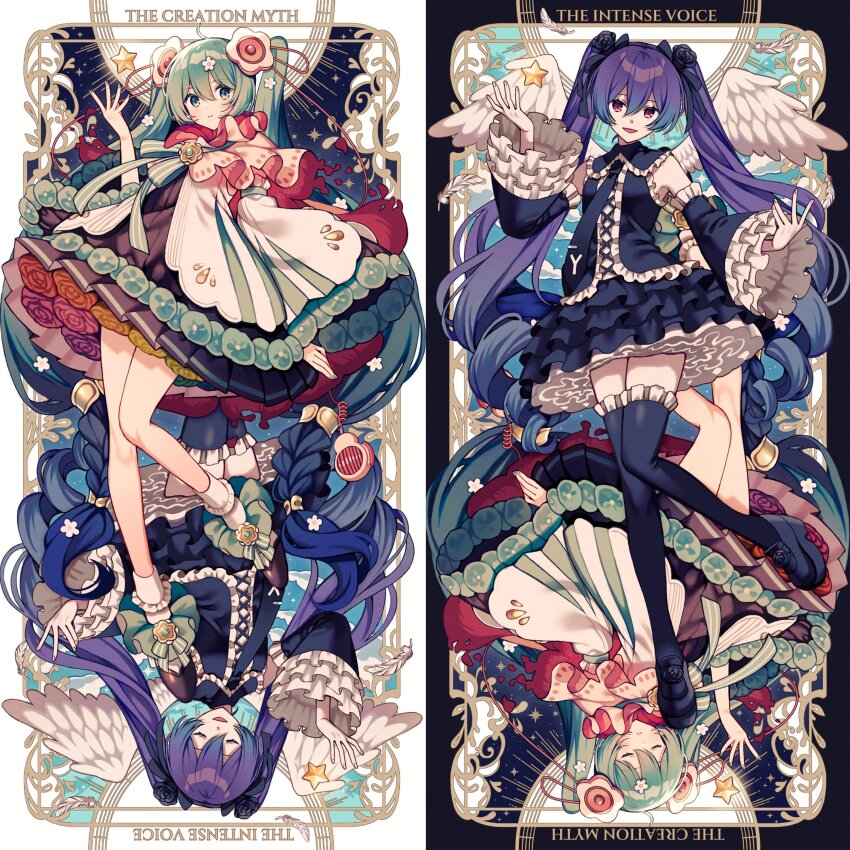 2girls :d absurdly_detailed_composition absurdres amagi_hana bare_legs black_dress black_thighhighs blue_eyes blue_hair blue_ribbon border brooch capelet card_(medium) dress flower frilled_thighhighs frills gradient_hair hair_between_eyes hair_flower hair_ornament hand_up hatsune_miku hatsune_miku_(infinity) hatsune_miku_no_gekishou_(vocaloid) hatsune_tenchikaibyaku_shinwa_(vocaloid) highres inset_border jewelry knees_together_feet_apart layered_dress long_hair looking_at_viewer magical_mirai_(vocaloid) magical_mirai_miku magical_mirai_miku_(2021) multicolored_hair multiple_girls multiple_views neck_ribbon open_mouth ornate_border parted_lips petticoat pink_capelet pinstripe_ribbon pleated_dress purple_hair red_eyes ribbon shirt shoes sidelocks smile socks tarot tarot_(medium) thighhighs twintails very_long_hair vocaloid white_border white_shirt white_socks zettai_ryouiki