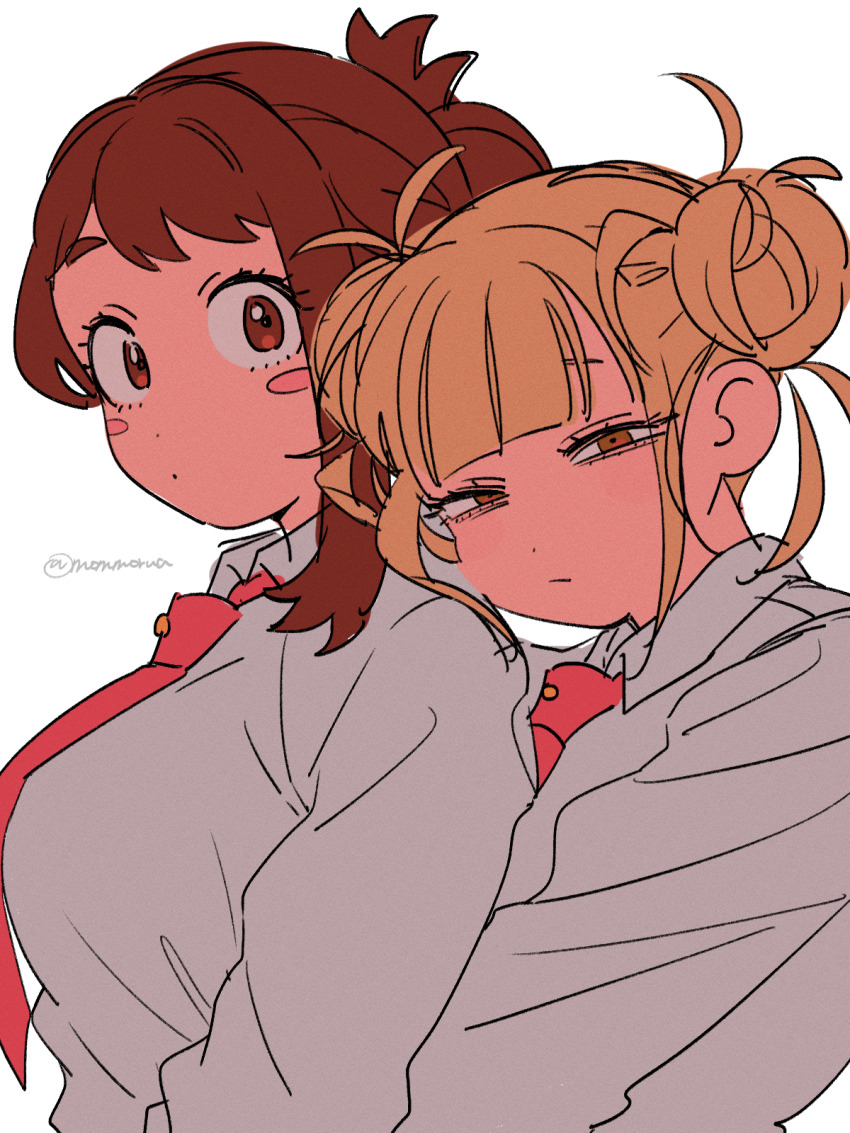 2girls bags_under_eyes blonde_hair boku_no_hero_academia brown_eyes brown_hair collared_shirt double_bun hair_bun highres hug hug_from_behind looking_at_viewer mommorua multiple_girls necktie red_necktie school_uniform shirt toga_himiko u.a._school_uniform uraraka_ochako white_background white_shirt yellow_eyes