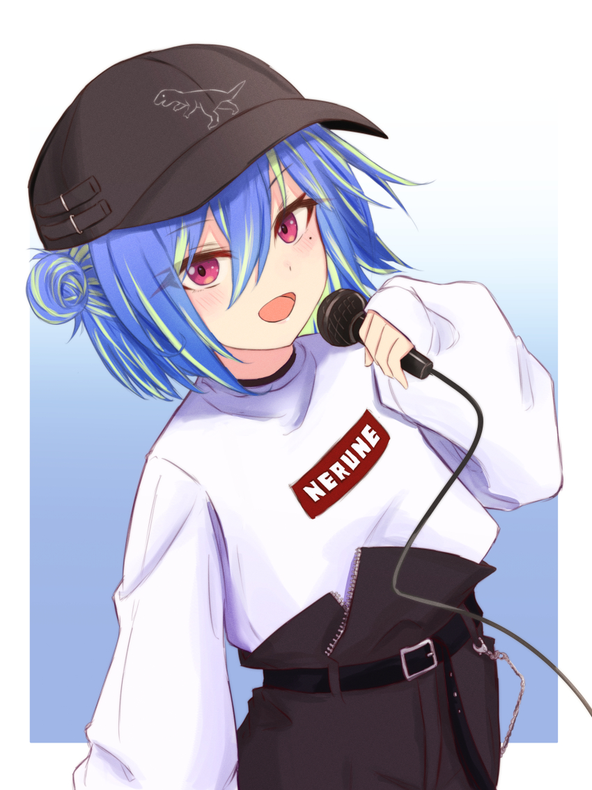 1girl :d absurdres baseball_cap belt black_belt black_hat black_shorts blue_background blue_hair blush commentary_request cowboy_shot dinosaur_print double_bun flat_chest gradient_background green_hair hair_between_eyes hair_bun hat highres holding holding_microphone long_bangs long_sleeves looking_at_viewer microphone mole mole_under_eye multicolored_hair nanashi_inc. official_alternate_costume open_mouth pink_eyes salmon231 short_hair shorts smile solo suzumi_nemo suzumi_nemo_(2nd_costume) sweater two-tone_hair tyrannosaurus_rex virtual_youtuber white_background white_sweater