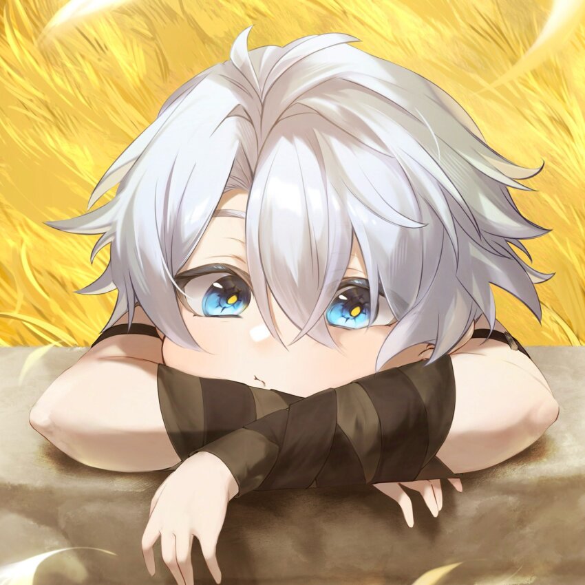 1boy aged_down antenna_hair arm_strap bandaged_arm bandages black_bandages blue_eyes child hashtag-only_commentary highres honkai:_star_rail honkai_(series) looking_at_viewer male_focus mangkkyung parted_bangs phainon_(honkai:_star_rail) short_hair solo wheat_field white_hair