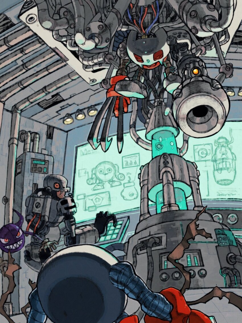 analog_boy02 andromon arm_blade arm_cannon cable claw_(weapon) closed_eyes cyborg digimon digimon_(creature) giromon highres indoors mamemon metalmamemon red_eyes robot sharp_teeth teeth weapon