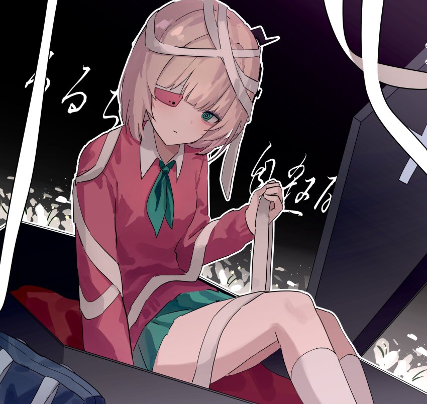 1girl bandaged_head bandages black_horns blonde_hair blunt_bangs cellphone coffin collared_shirt e2ze2 eyepatch green_eyes green_neckerchief green_skirt half-closed_eye highres horns kneehighs long_sleeves neckerchief phone phone_eyepatch pink_sweater pleated_skirt puffy_sleeves ruru_(shinsei_kamattechan) shinsei_kamattechan shirt short_hair single_horn skirt socks sweater thick_thighs thighs white_shirt white_socks