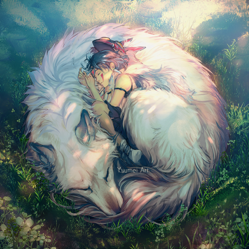 1girl bare_shoulders black_hair closed_eyes facepaint from_above fur grass highres jewelry lying mask mononoke_hime moro_no_ichizoku necklace on_side outdoors san_(mononoke_hime) short_hair sleeping studio_ghibli tooth_necklace white_wolf wolf yuumei