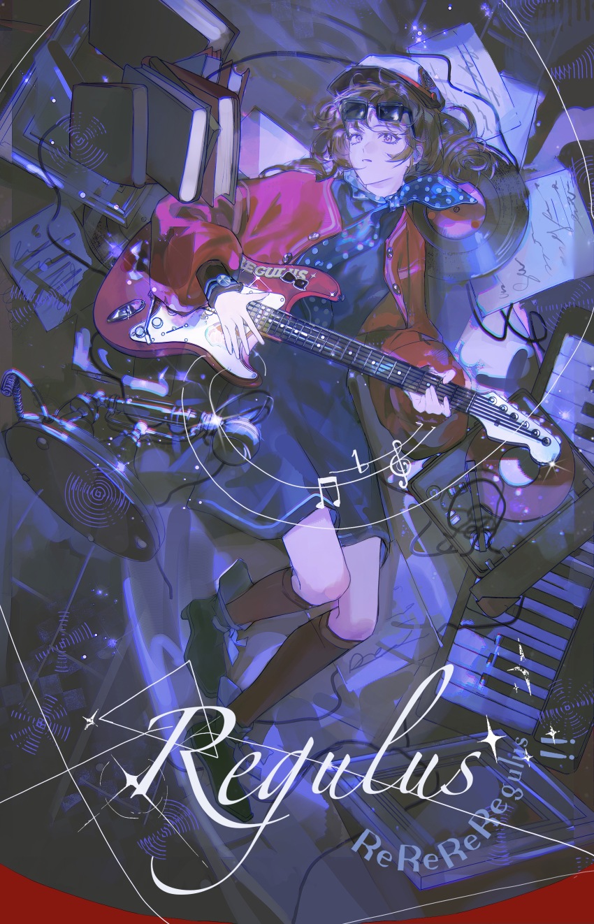 1girl absurdres ankle_boots black_boots blue_background blue_dress blue_neckerchief book boots brown_hair character_name dress electric_guitar eyewear_on_head full_body guitar hat highres holding holding_guitar holding_instrument instrument jacket keyboard_(instrument) looking_at_viewer microphone neckerchief newsboy_cap orange_eyes parted_lips polka_dot_neckerchief red_jacket red_socks regulus_(reverse:1999) reverse:1999 short_dress short_hair sleeveless sleeveless_dress socks solo studio_microphone sunglasses vinyl_record yi_fen_ta