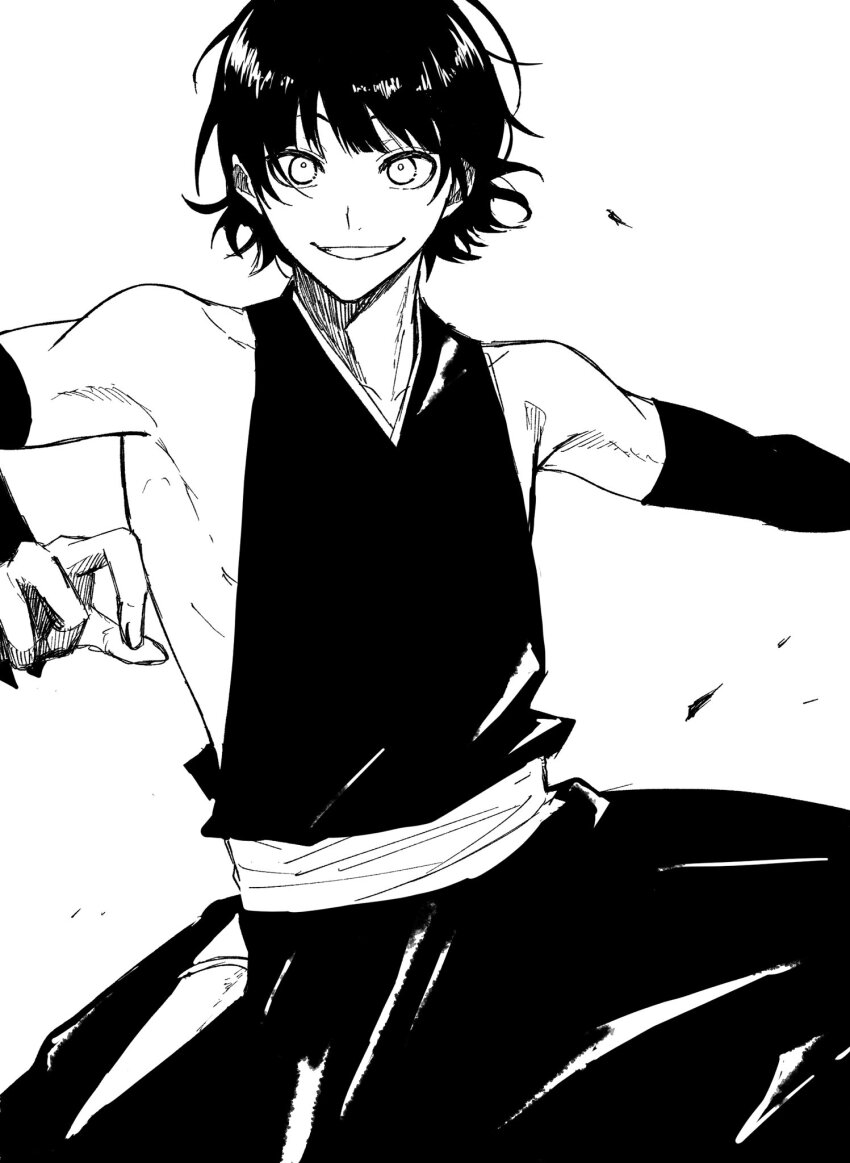 1boy alternate_costume bachira_meguru bleach blue_lock commentary_request cosplay crossdressing crossdressing_(mtf) detached_sleeves fun1_fn greyscale highres japanese_clothes kimono male_focus monochrome short_hair sideless_kimono sideless_outfit simple_background solo sui-feng sui-feng_(cosplay) white_background