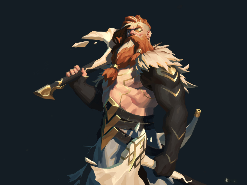 1boy abs axe bare_pectorals battle_axe beard dual_wielding facial_hair feet_out_of_frame head_tilt highres holding huabinwang large_pectorals league_of_legends long_beard looking_at_viewer male_focus mature_male multicolored_hair muscular muscular_male nipples olaf_(league_of_legends) orange_hair pectorals short_hair solo standing streaked_beard streaked_hair strongman_waist tied_beard tsurime weapon
