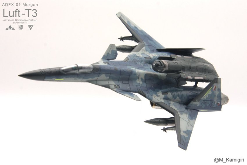 ace_combat ace_combat_7:_skies_unknown adfx-01_morgan airborne_laser aircraft airplane artist_request cannon commentary directed-energy_weapon energy energy_cannon energy_weapon fighter_jet forward-swept_wing laser_cannon military military_vehicle missile model_kit_(medium) no_humans prototype_design tactical_laser_system unconventional_media vehicle_focus zoisite_(ace_combat)