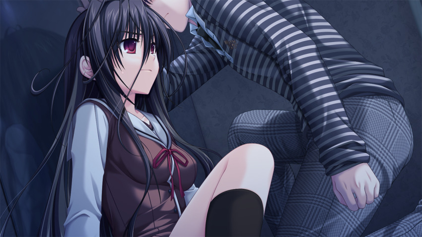 1boy 1girl against_wall alpha_(yukai_na_nakamatachi) azai_kyousuke black_hair black_socks brown_vest closed_mouth collarbone collared_shirt g-senjou_no_maou game_cg grey_sailor_collar grey_shirt hair_between_eyes head_out_of_frame indoors kabedon kneehighs long_hair long_sleeves pants red_eyes red_ribbon ribbon sailor_collar sailor_shirt shirt socks straight_hair striped_clothes striped_shirt usami_haru very_long_hair vest