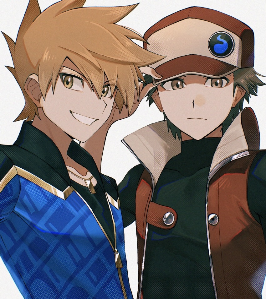 2boys blue_jacket blue_oak blue_oak_(sygna_suit) brown_eyes brown_hair coat commentary hat highres jacket kuruto. looking_at_viewer male_focus multiple_boys nintendo official_alternate_costume orange_hair pokemon pokemon_masters_ex red_(pokemon) red_(sygna_suit)_(pokemon) red_coat red_hat sleeveless sleeveless_coat spiked_hair