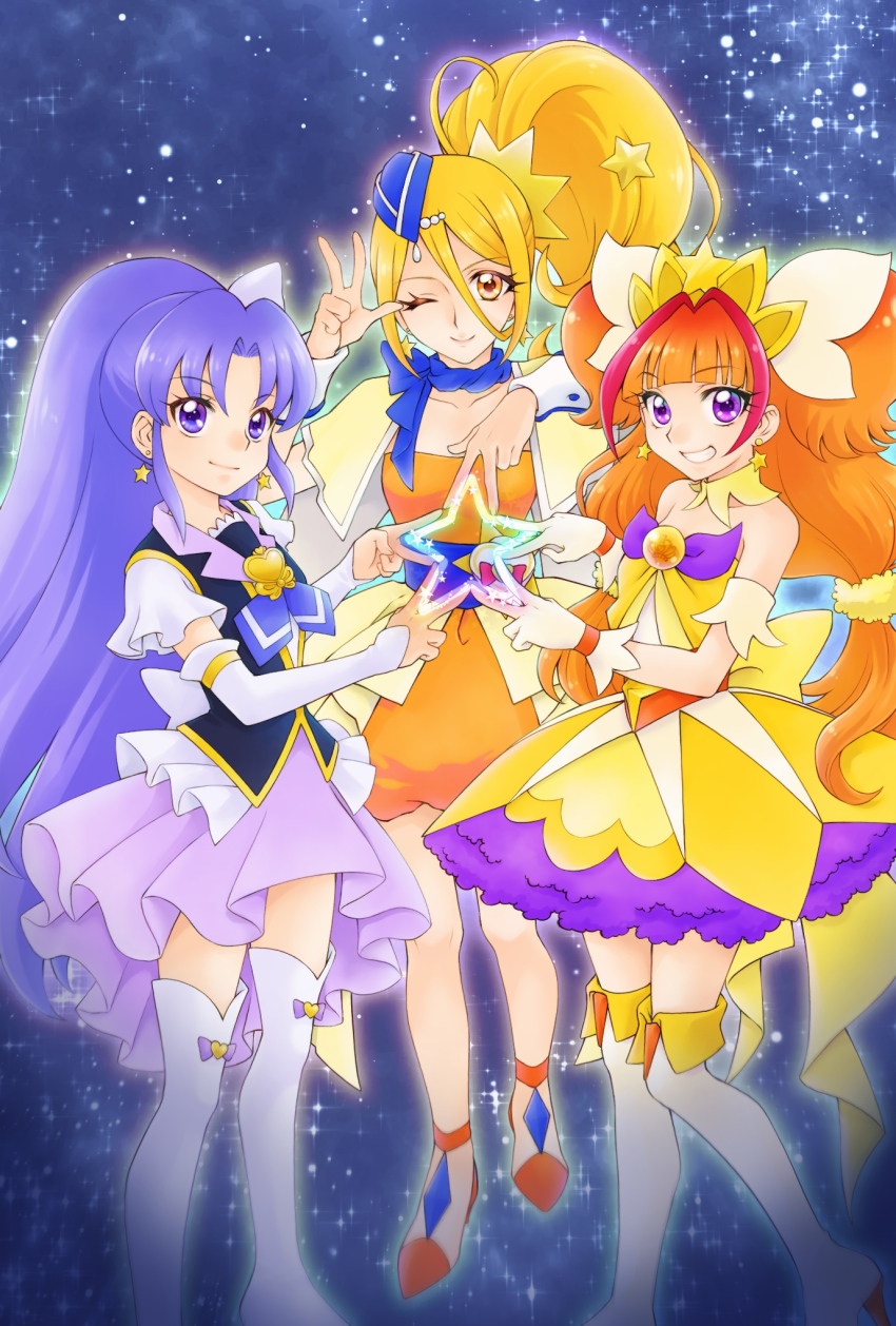 3girls ;) aizen_(syoshiyuki) amanogawa_kirara armband back_bow black_vest blonde_hair blue_headwear blue_scarf boots bow brooch capelet closed_mouth commentary cure_etoile cure_fortune cure_twinkle dress earrings elbow_gloves garrison_cap gloves go!_princess_precure grin hair_ornament hair_scrunchie happinesscharge_precure! hat heart heart_brooch highres hikawa_iona hugtto!_precure in-franchise_crossover jewelry kagayaki_homare long_hair looking_at_viewer low-tied_long_hair low_twintails magical_girl multicolored_hair multiple_girls one_eye_closed orange_dress orange_hair orange_shoes parted_bangs ponytail precure purple_eyes purple_hair purple_skirt red_hair scarf scrunchie shirt shoes short_sleeves side_ponytail skirt sky smile space standing star_(sky) star_(symbol) star_earrings star_hair_ornament starry_sky strapless strapless_shirt streaked_hair thigh_boots tiara trait_connection twintails two-tone_hair two_side_up v very_long_hair vest w white_bow white_footwear white_gloves wrist_cuffs yellow_bow yellow_capelet yellow_dress yellow_eyes