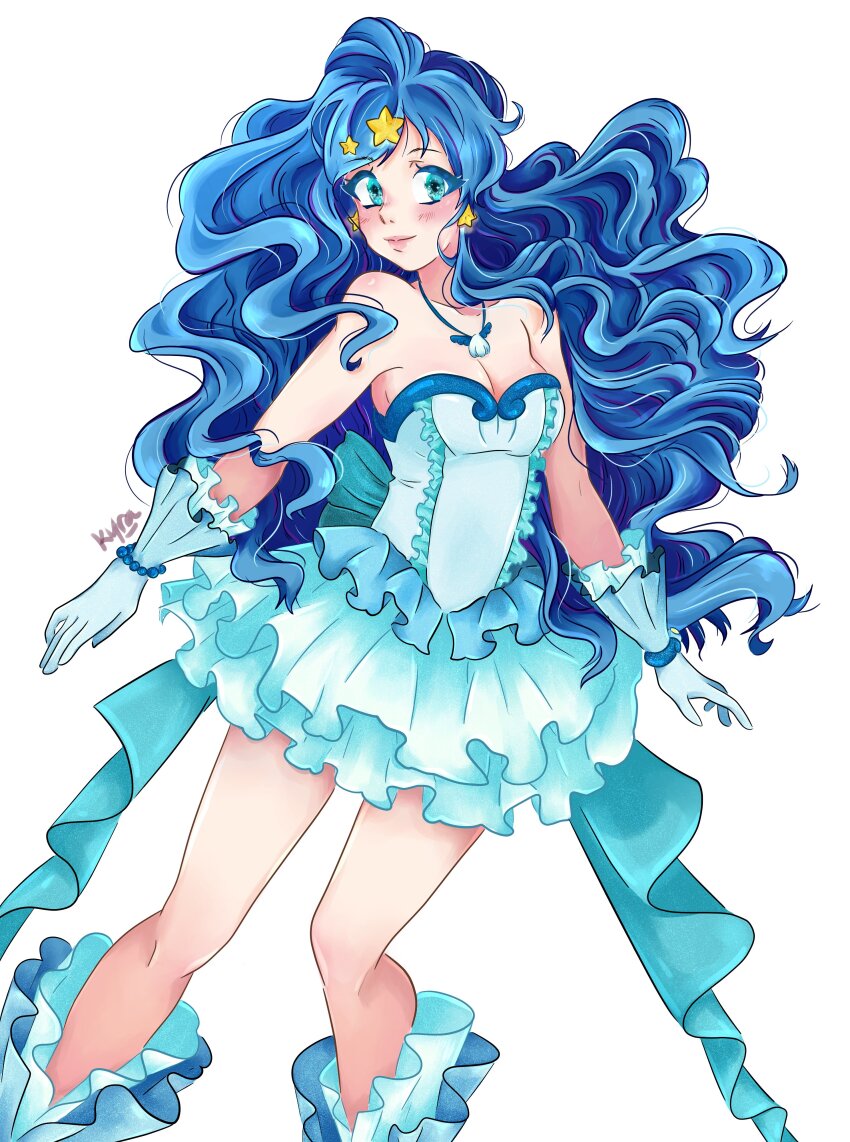 absurdres blue_dress blue_eyes blue_gloves blue_hair dress gloves highres houshou_hanon houshou_hanon_(idol) houshou_hanon_(mermaid) idol kyranyan mermaid mermaid_melody_pichi_pichi_pitch monster_girl ribbon