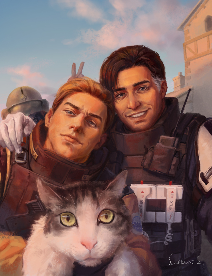 3boys animal artist_name assault_visor black_hair black_helmet blonde_hair building bulletproof_vest bunny_ears_prank cat closed_mouth cloud commentary defibrillator doc_(rainbow_six_siege) english_commentary gloves grey_hair grin helmet highres holding holding_animal holding_cat jaeger_(rainbow_six_siege) lion_(rainbow_six_siege) looking_at_viewer male_focus military_combat_uniform military_uniform multicolored_hair multiple_boys photobomb rainbow_six_siege sky slit_pupils smile streaked_hair sun_stark teeth v walkie-talkie white_gloves yellow_eyes