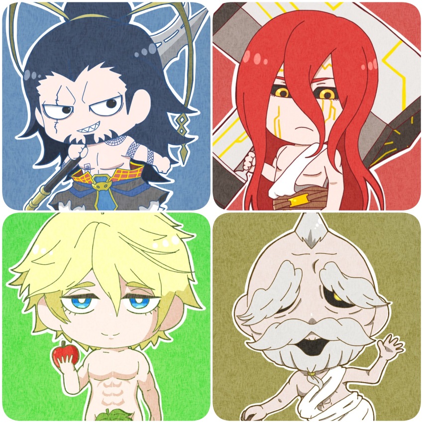 4boys abs absurdres adam_(shuumatsu_no_valkyrie) ahoge ancient_greek_clothes arm_tattoo baggy_pants beard belt black_hair black_sclera blonde_hair blue_background blue_eyes brown_belt cheek_tattoo chibi chinese_clothes colored_sclera completely_nude covering_privates derutta facial_hair facial_tattoo facing_viewer food forehead_tattoo frown fruit full_body goatee gold_buckle gold_ribbon gold_tattoo greco-roman_clothes green_background grey_hair hair_between_eyes hair_bun hair_ribbon half-closed_eyes hand_on_stick hand_up highres holding holding_food holding_fruit holding_lance holding_polearm holding_weapon jitome lance leaf leaf_censor long_hair looking_at_viewer lu_bu_(shuumatsu_no_valkyrie) male_focus mjolnir multiple_boys muscular muscular_male no_eyebrows nude old old_man pants pectorals polearm red_background red_hair ribbon robe sash scar scar_across_eye scar_on_face sharp_teeth shirtless_male short_hair shoulder_tattoo shuumatsu_no_valkyrie smile staff standing sunken_eyes tattoo teeth thick_eyebrows thor_(shuumatsu_no_valkyrie) toned toned_male topknot topless_female very_long_hair weapon white_pants white_robe white_sash yellow_background yellow_eyes zeus_(shuumatsu_no_valkyrie)
