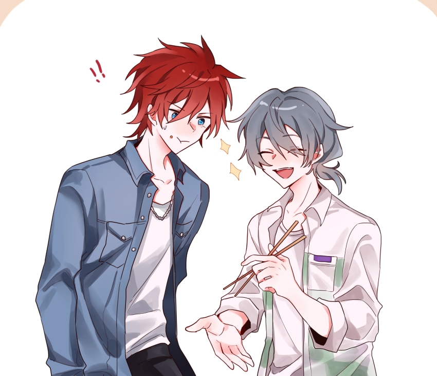 ! !! 2boys :t amagi_rinne black_pants blue_eyes blue_jacket chinese_commentary chopsticks closed_eyes closed_mouth collared_shirt commentary_request ensemble_stars! grey_hair height_difference highres holding holding_chopsticks jacket jewelry male_focus multiple_boys necklace open_clothes open_jacket open_mouth open_shirt pants red_hair shiina_niki shirt short_hair simple_background smile sparkle teeth tie_fei_wu_mang_dashuai upper_teeth_only v-shaped_eyebrows white_background white_shirt