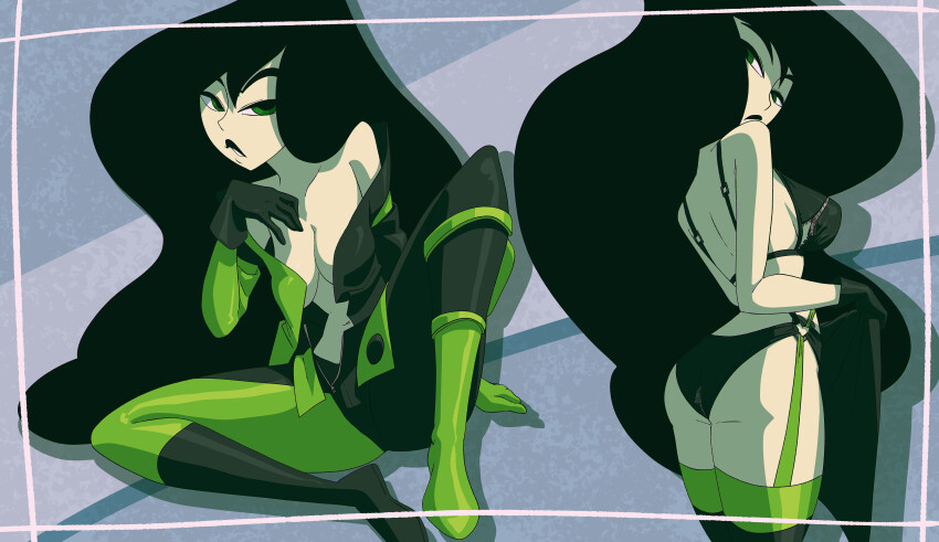 1girl absurdres ass bare_shoulders black_bra black_gloves black_hair black_lips black_panties bodysuit boots bra breasts from_behind gloves green_eyes highres inker_comics kim_possible_(series) long_hair looking_back medium_breasts multicolored_bodysuit navel panties shego thighhighs thighs underwear