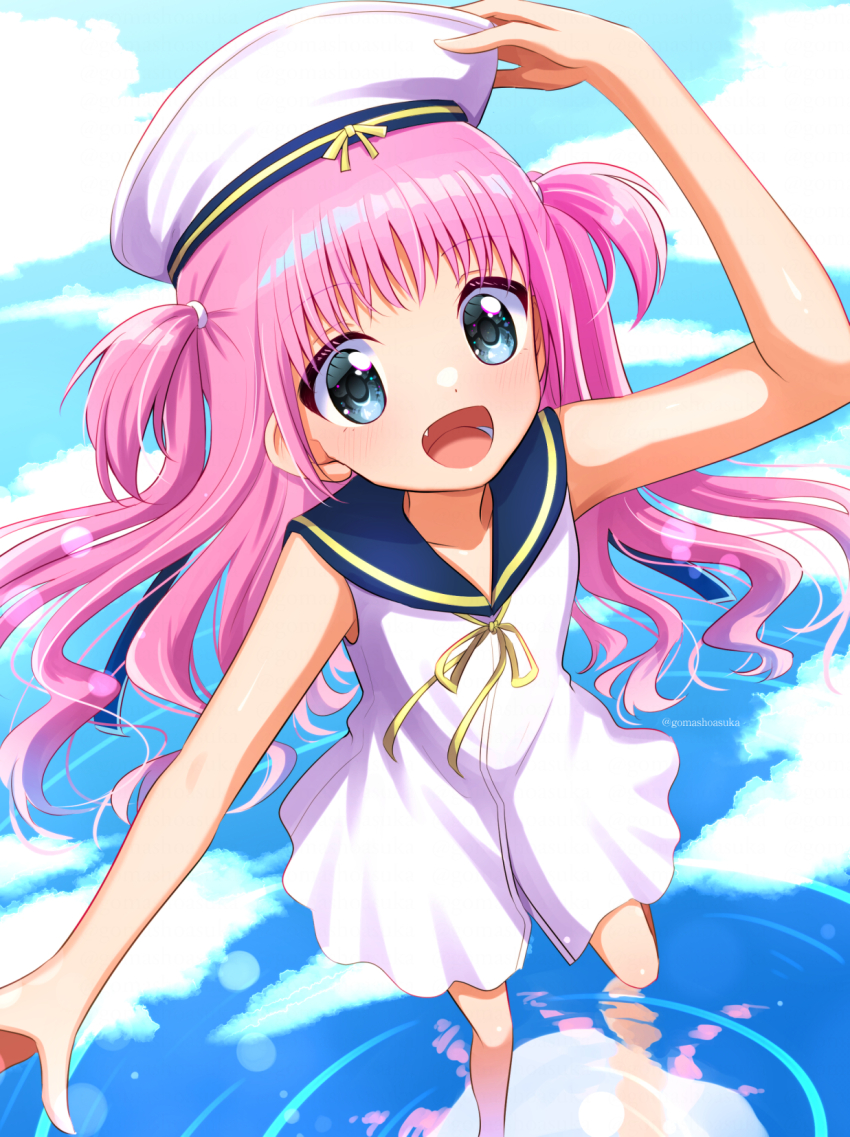 1girl :d bare_arms bare_shoulders blue_eyes blue_sailor_collar blue_sky blush cloud commentary_request day dress fang floating_hair foot_out_of_frame foreshortening from_above gomasho_asuka hand_on_headwear hand_up happy hat highres katou_umi long_hair looking_at_viewer open_mouth outdoors pink_hair reflection reflective_water ribbon ripples sailor_collar sailor_dress sailor_hat sky sleeveless sleeveless_dress smile solo standing standing_on_one_leg summer_pockets teeth tongue two_side_up water white_dress white_hat yellow_ribbon