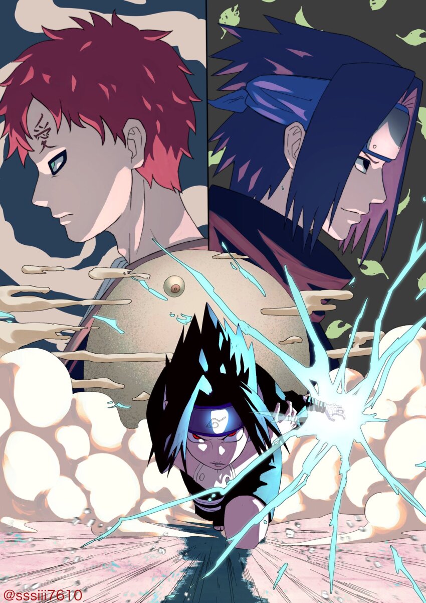 2boys black_eyes blue_eyes blue_hair chidori_(naruto) electricity facial_mark forehead_mark forehead_protector gaara_(naruto) highres incoming_attack leaf male_focus multiple_boys naruto naruto_(series) red_eyes running sand sharing short_hair sssiii7610 uchiha_sasuke