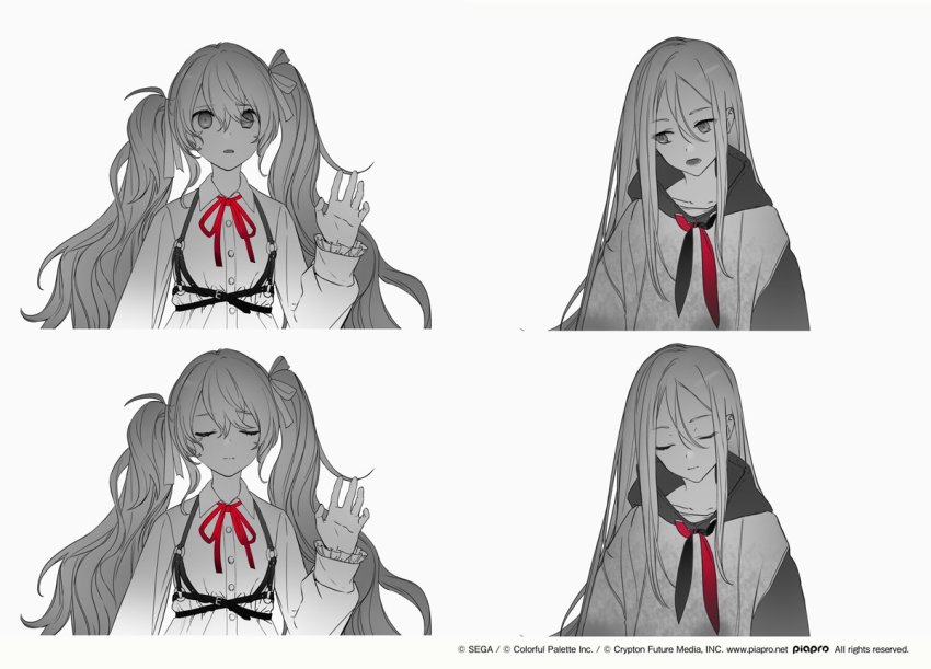 25-ji_miku 2girls black_hoodie bow chest_harness closed_eyes closed_mouth commentary_request dress expressionless grey_eyes hair_bow harness hatsune_miku hood hoodie inochi_ni_kirawarete_iru_(vocaloid) long_sleeves looking_at_another multiple_girls multiple_views neck_ribbon neckerchief official_art open_mouth project_sekai red_neckerchief red_ribbon ribbon sidelocks twintails upper_body vocaloid white_bow white_dress white_hair yoisaki_kanade yyb