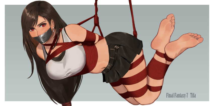 1girl barefoot bdsm black_hair bondage bound bound_arms bound_legs breasts earrings feet final_fantasy final_fantasy_vii full_body gag gagged improvised_gag jewelry kidnapped large_breasts long_hair looking_at_viewer midriff miniskirt navel pleated_skirt rainnear red_eyes rope skirt sleeveless solo suspender_skirt suspenders suspension tank_top tape tape_gag tifa_lockhart