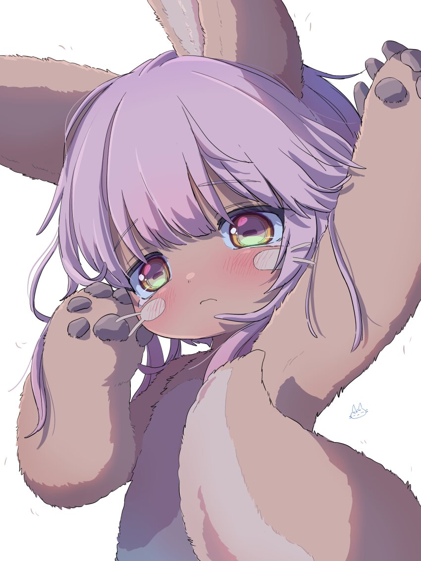 1other absurdres animal_ears arm_up body_fur brown_fur closed_mouth commentary_request furry highres horizontal_pupils made_in_abyss medium_hair nanachi_(made_in_abyss) narehate other_focus purple_hair sekaineko_001 tail two-tone_fur upper_body whiskers white_background white_fur yellow_eyes