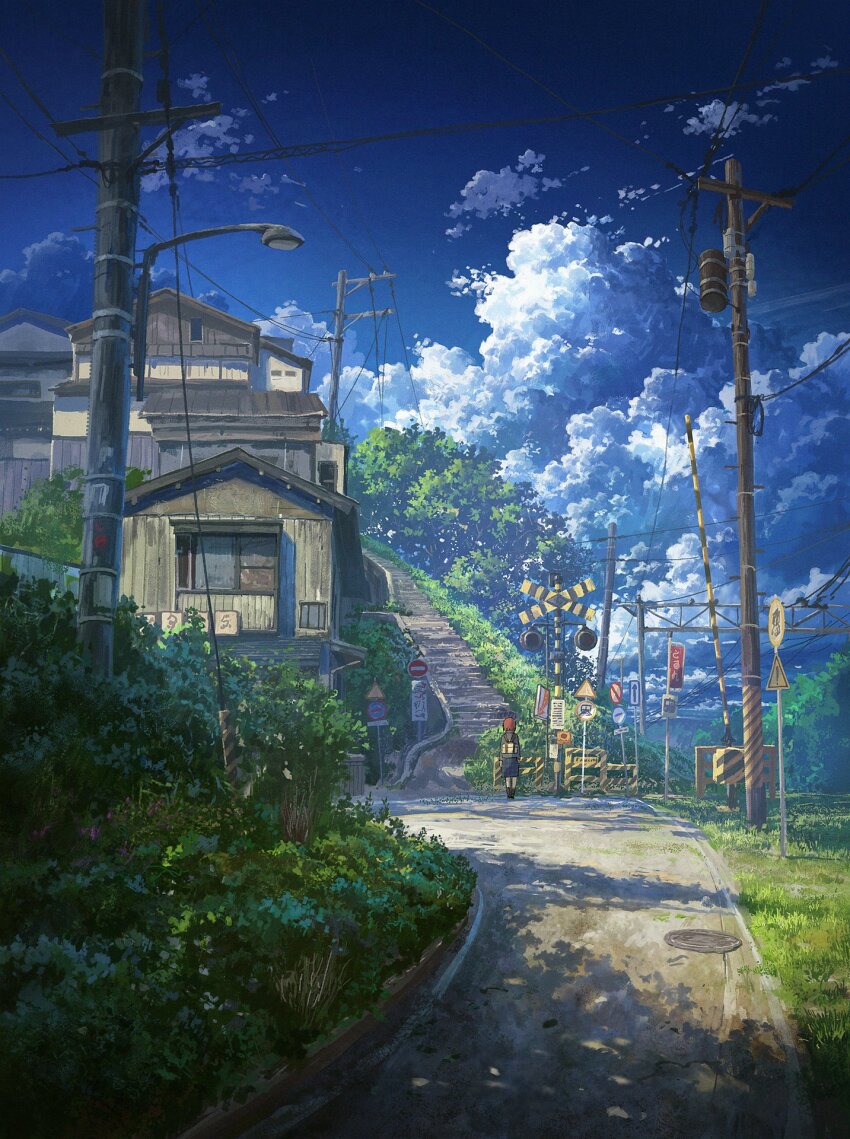 1girl blue_skirt blue_sky brown_hair building bush cloud cloudy_sky commentary cyclecircle day english_commentary from_behind grass highres lamppost manhole_cover original outdoors plaid_clothes plaid_skirt power_lines railroad_crossing road road_sign scenery shadow short_hair sign skirt sky solo stairs stop_sign tree utility_pole very_wide_shot