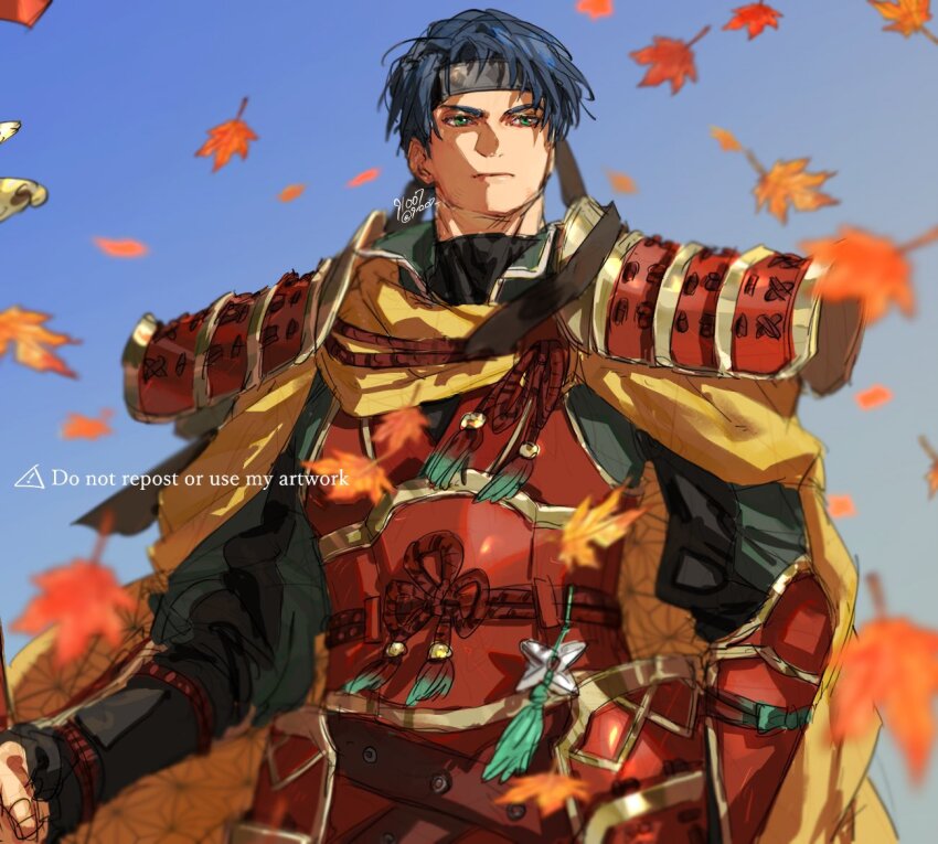 1boy 91007 armor artist_name autumn_leaves blue_hair commentary_request dark_blue_hair falling_leaves fire_emblem fire_emblem:_radiant_dawn fire_emblem_heroes green_eyes headband japanese_armor leaf male_focus nintendo official_alternate_costume short_hair solo twitter_username upper_body zelgius_(fire_emblem) zelgius_(ninja)_(fire_emblem)
